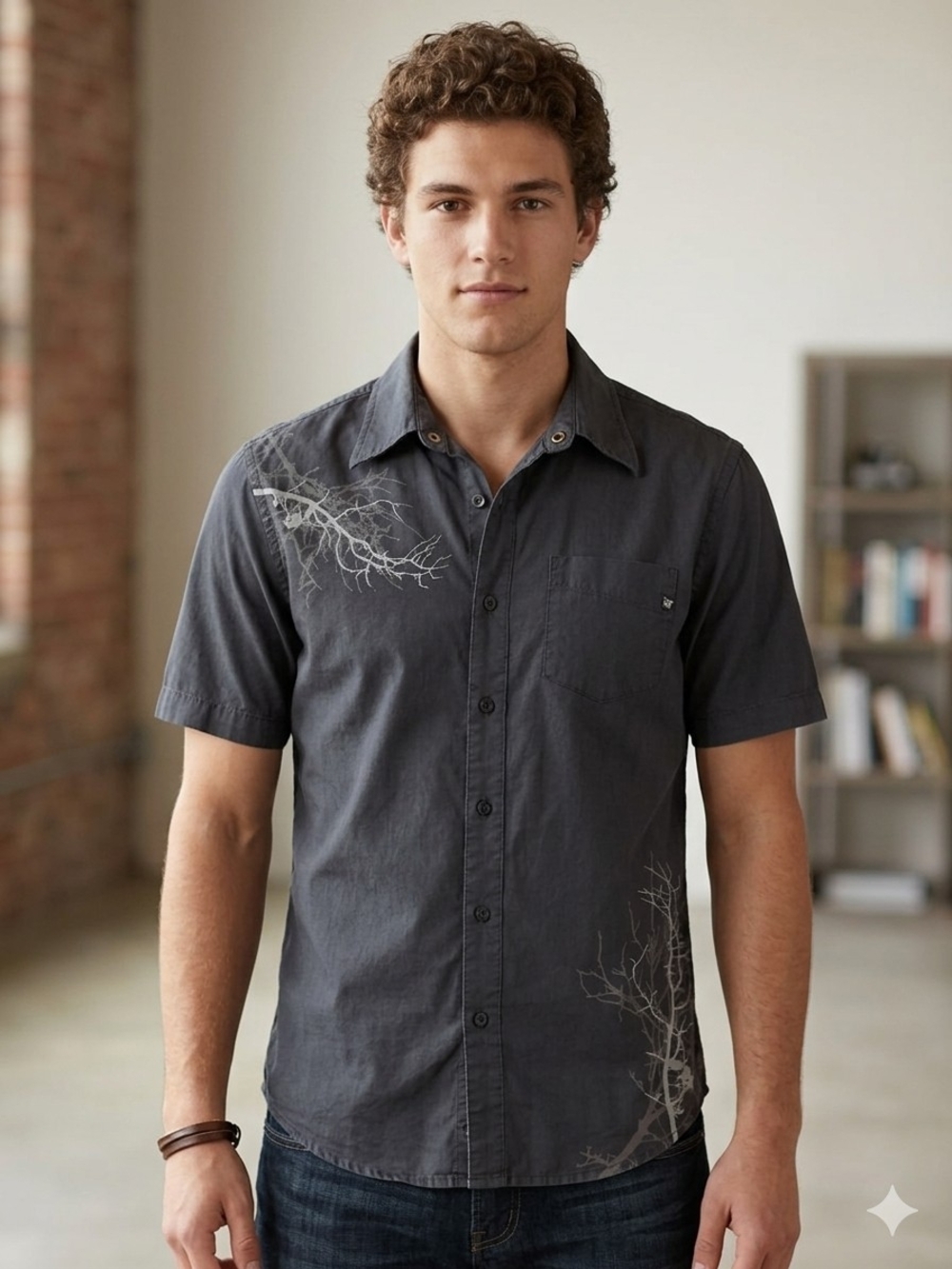 Ocean Current Men's Gray Tree Branch Graphic Short Sleeve Button Up Shirt Med